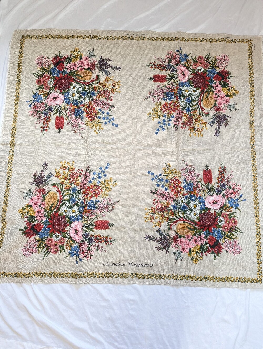 Vintage Heil Australian Wildflowers Linen Cotton Tablecloth  52" X 50" Prairie
